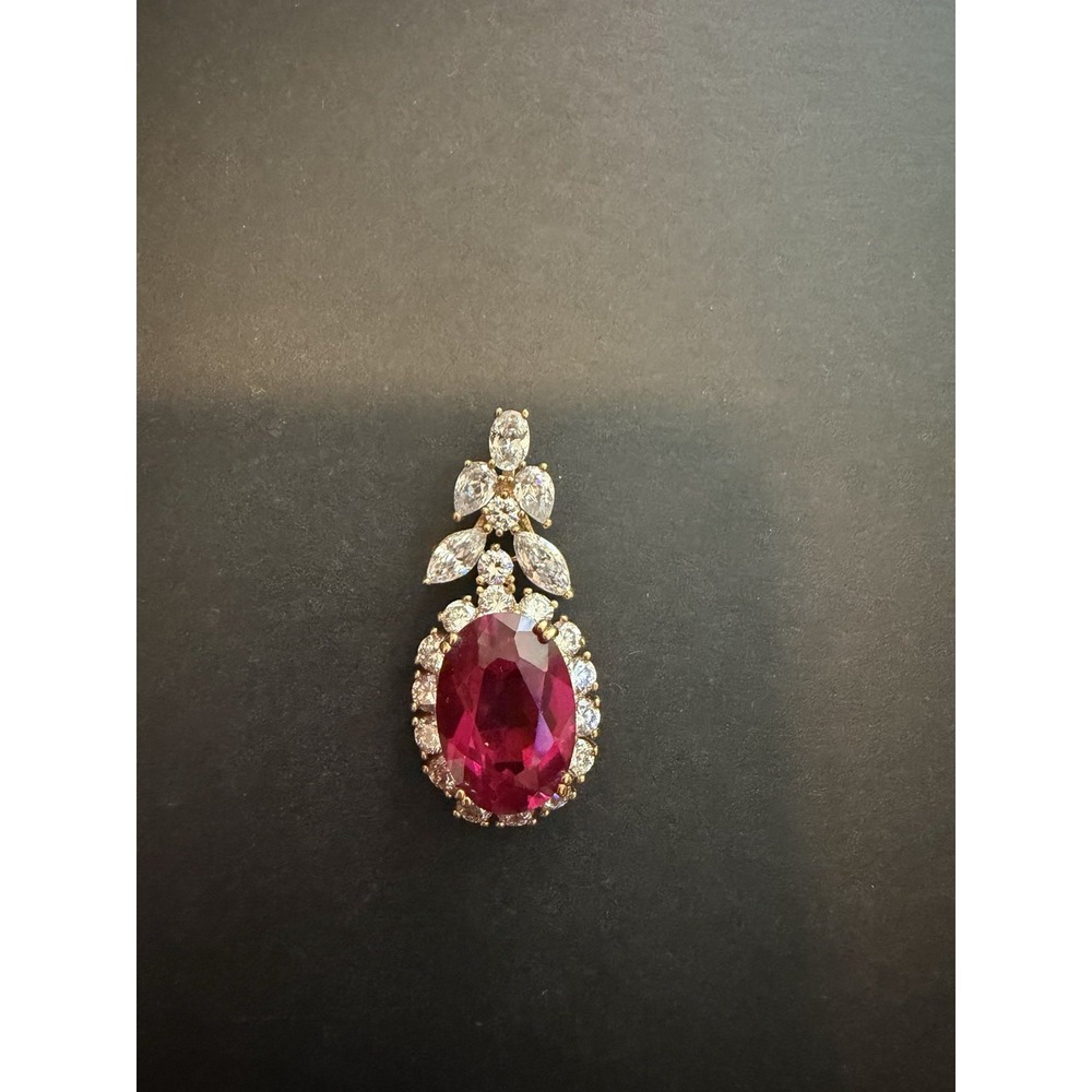 Large Ruby Red CZ Teardrop Pendant Gold Tone Statement Necklace Pendant